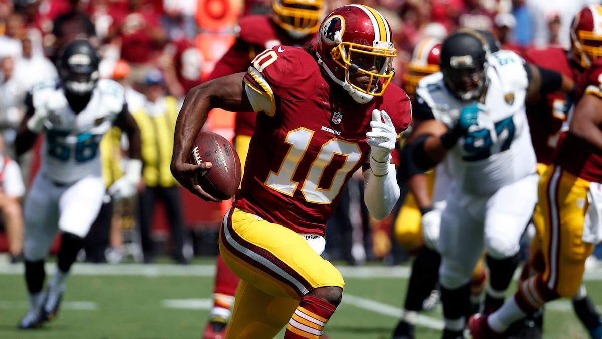 Robert Griffin III in action for the Washington NFL team.