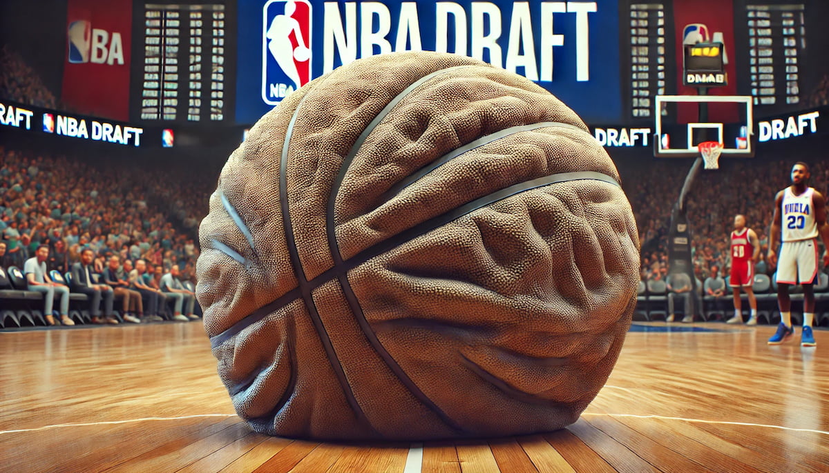 A deflated basketball on the court, in front of a signing saying 'NBA draft'