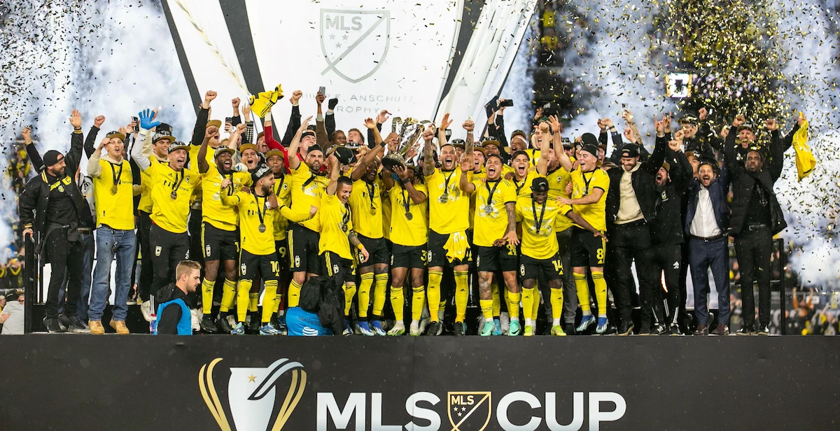 Columbus Crew soccer team celebrate winning the MLS title.
