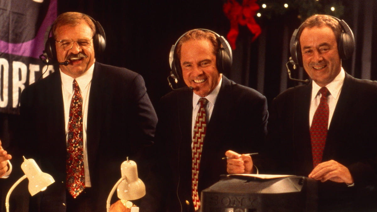 Sports broadcasters Dan Dierdorf, Frank Gifford, and Al Michaels,