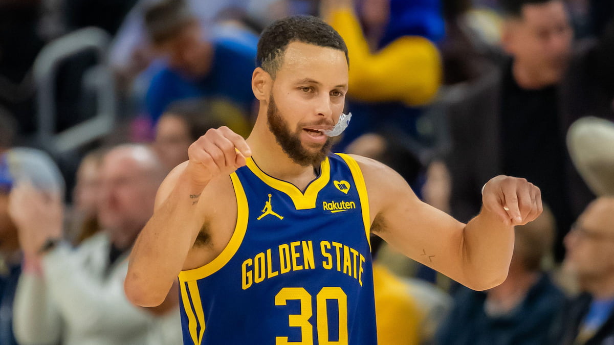 Steph Curry of the Golden State Warriors celebrates a win.