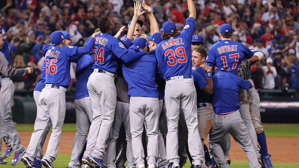 Chicago Cubs celebrate winning Game 7 of the 2016 World Series.