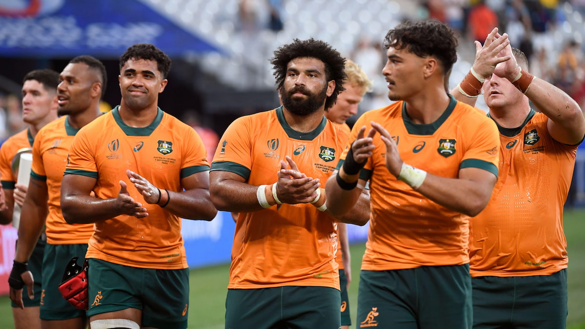Australian rugby union players applaud the crowd at the 2023 Rugby World Cup in France.