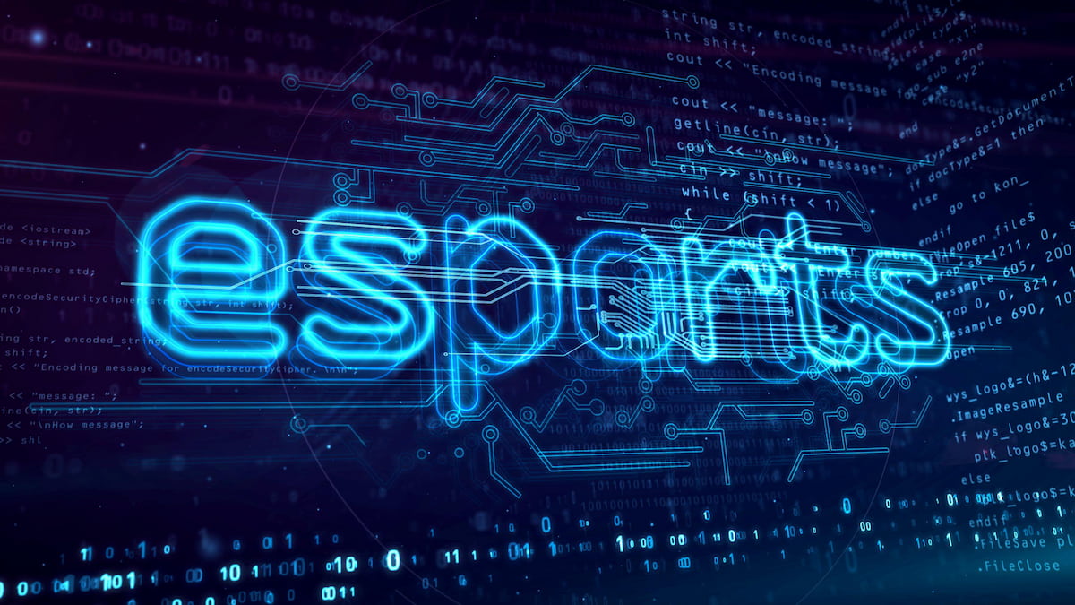 Esports in neon writing against a black backgrounds