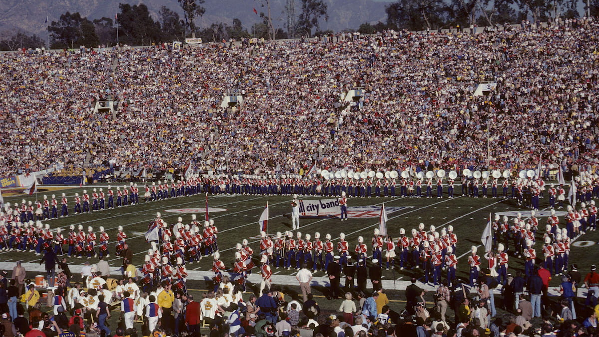 A huge crowd watching Super Bowl XIV at the Rose Bowl in Pasadena.