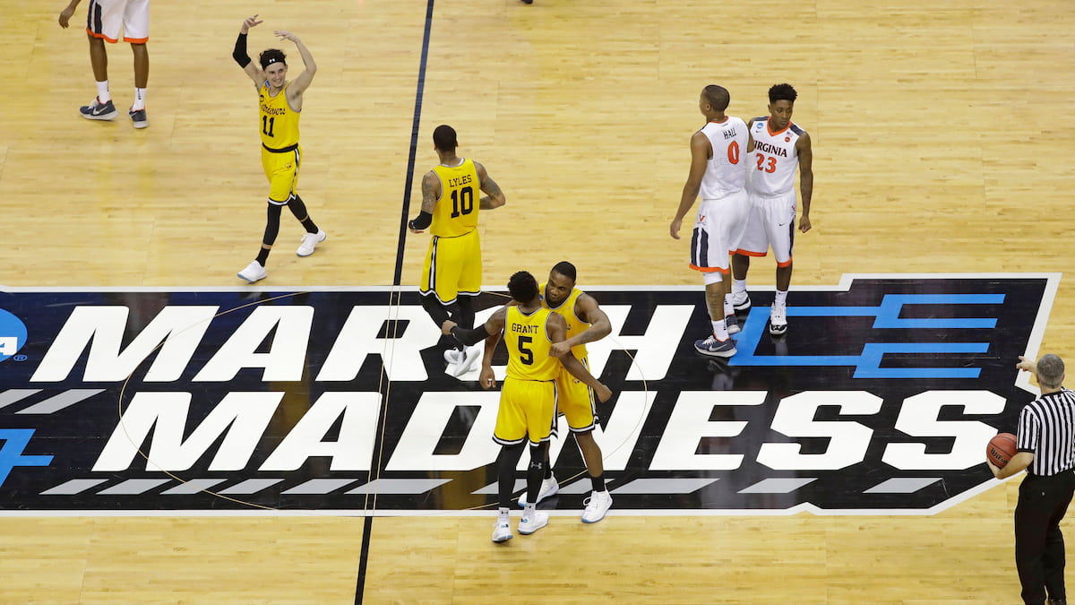 UMBC celebrate their March Madness win over favorites Virginia in 2018.
