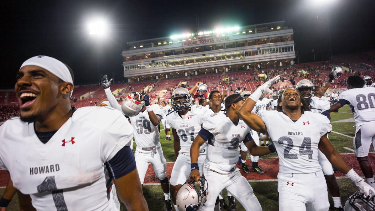 Howard players celebrate after beating UNLV against the odds.