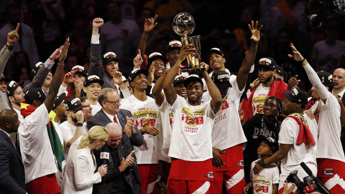 The Toronto Raptors celebrate winning the NBA Championship against the Golden State Warriors.