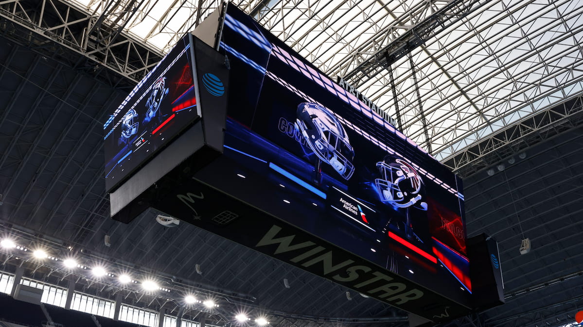The videoboard at Cowboys stadium showing an upcoming NFL game between Dallas and the Atlanta Falcons.