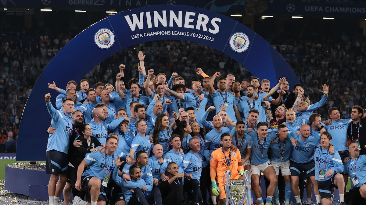 Manchester City celebrate winning the Champions League