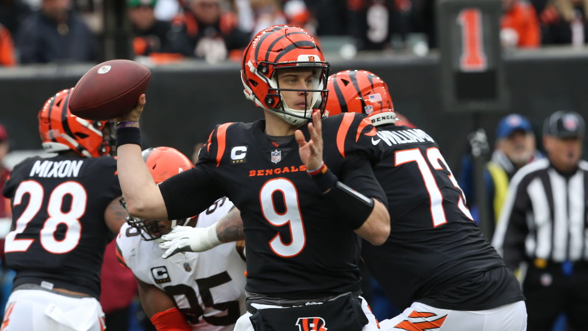 Joe Burrow playing for the Cincinnati Bengals in the NFL.