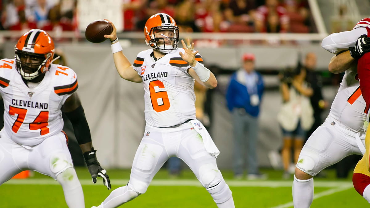Baker Mayfield prepares to launch the ball for the Cleveland Browns.