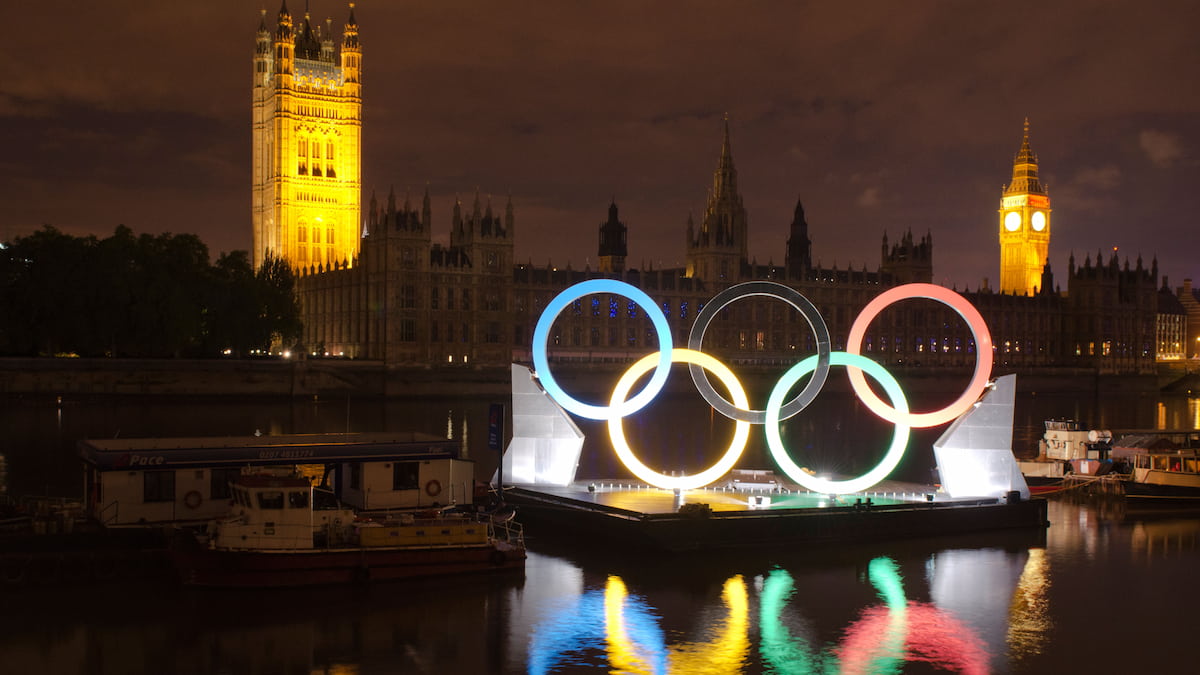 Olympic rings on the Thames for the 2012 London Olympics.