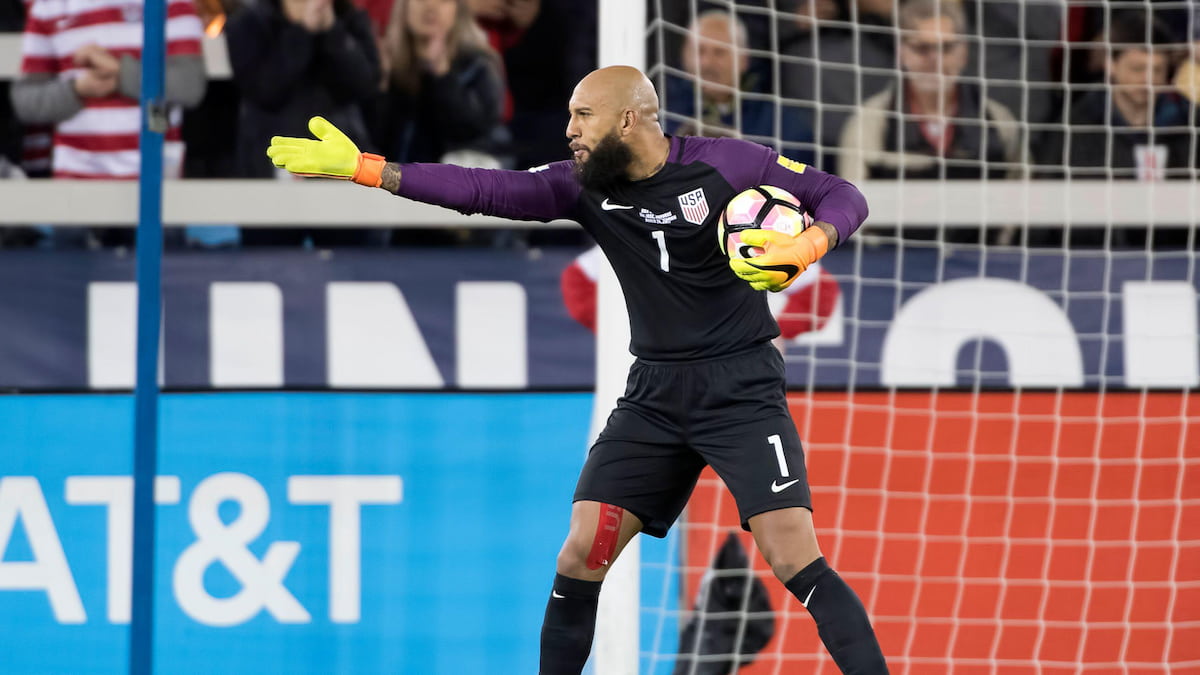 US soccer goalie Tim Howard berates his defenders during a World Cup qualifier versus Honduras in 2017.