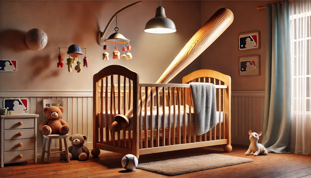 Baby's crib with a full-sized baseball bat sticking out.