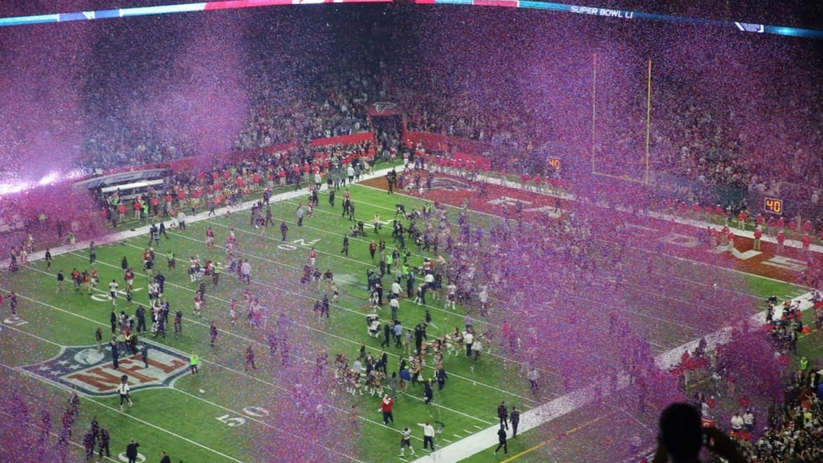 Confetti on the field after Super Bowl LI