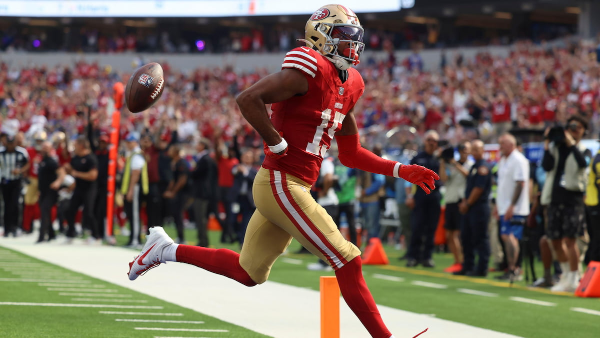 Juan Jennings reacts after scoring a TD for the 49ers.
