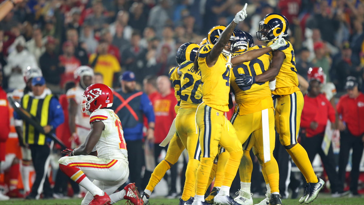 The LA Rams celebrate an interception against the Kansas City Chiefs.