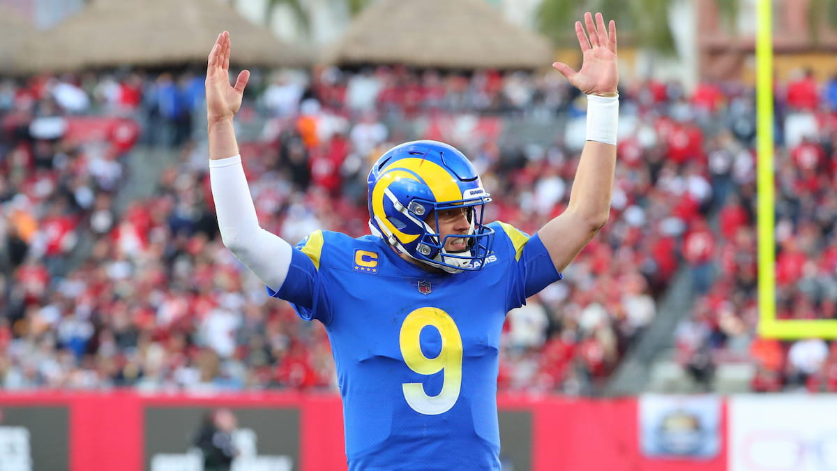 Matt Stafford of the Rams celebrating a touchdown.