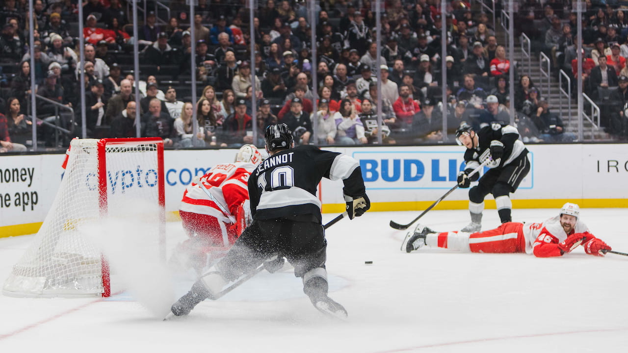 LA Kings scoring a goal against the Detroit Red Wings in the National Hockey League.