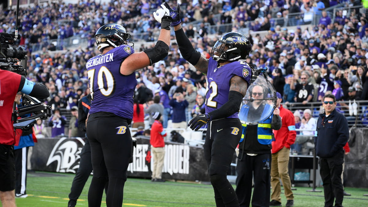 Derrick Henry of the Ravens celebrates a touchdown against the Broncos.