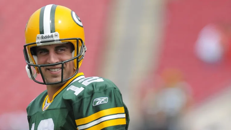 A smiling Aaron Rodgers of the Green Bay Packers.