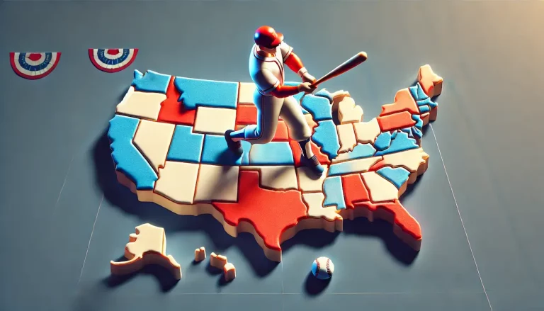 Representation of a baseball player standing on a map of the USA.