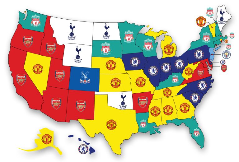 The most popular EPL teams in every US state shown on a map.