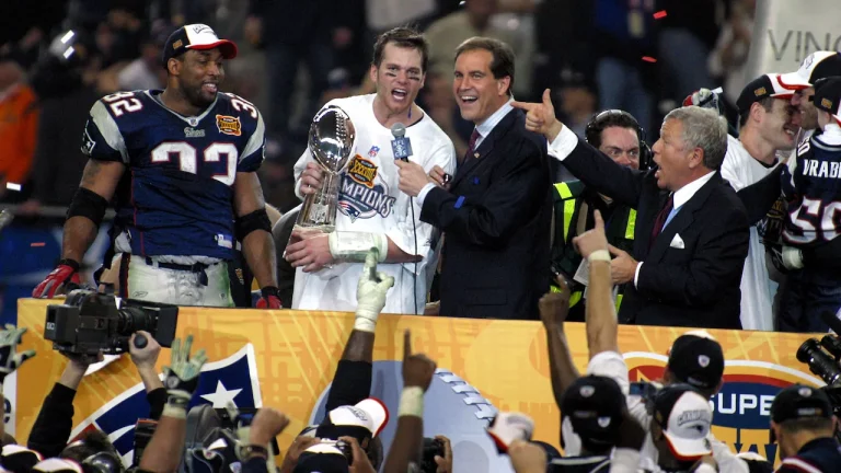 Tom Brady celebrates being named Super Bowl MVP in 2004, the 2nd of 5 times that he would win the award.