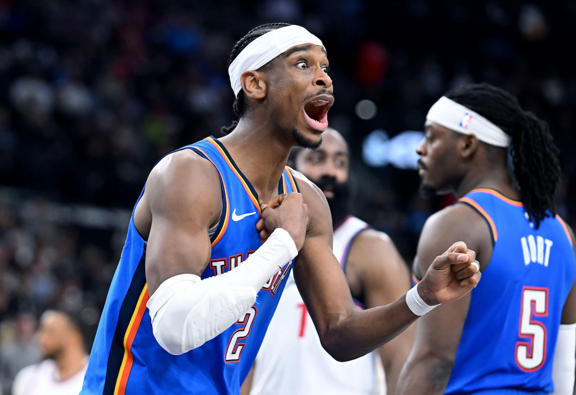 Shai Gilgeous-Alexander reacts to being called for a foul while playing for the Oklahoma City Thunder