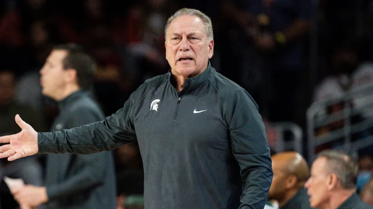 Tom Izzo coaching Michigan State's Men's Basketball team.