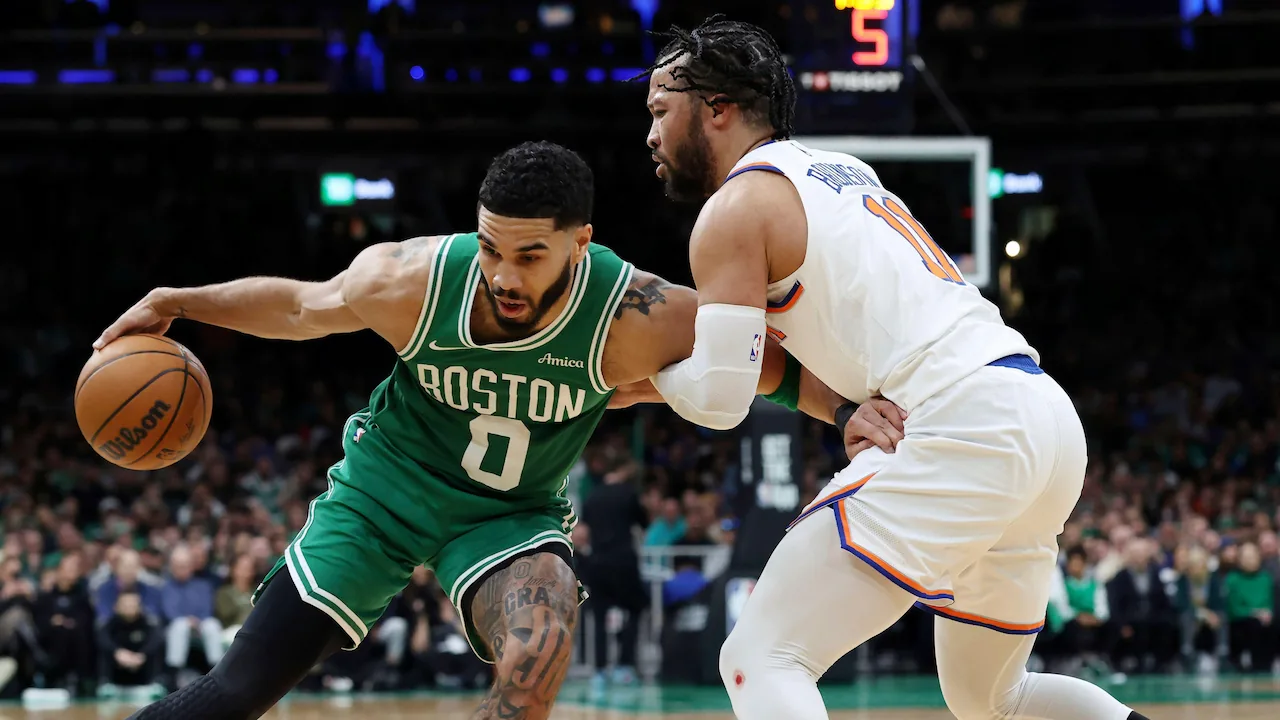 Jayson Tatum playing for the Boston Celtics against the New York Knicks.