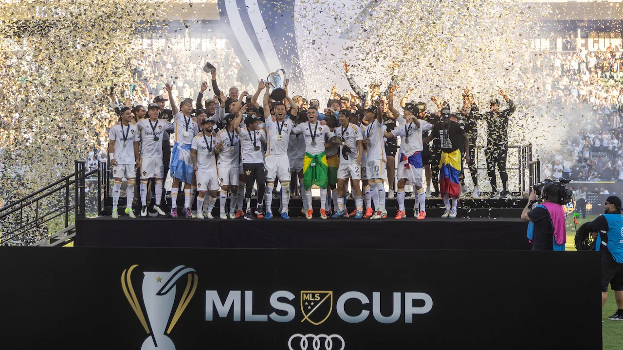 The Los Angeles Galaxy lifting the 2023-24 MLS Cup.