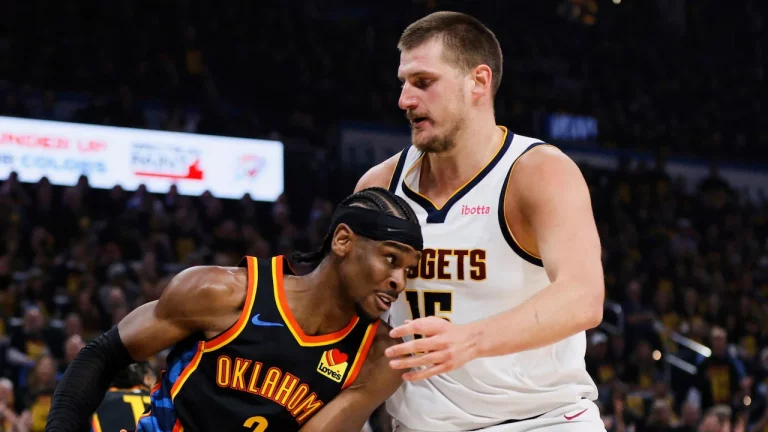 Nikola Jokic defending Shai Gilgeous-Alexander in the Western Conference playoffs.