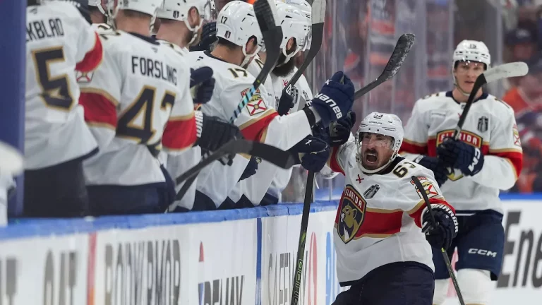 Brad Marchand scoring a goal for the Florida Panthers.