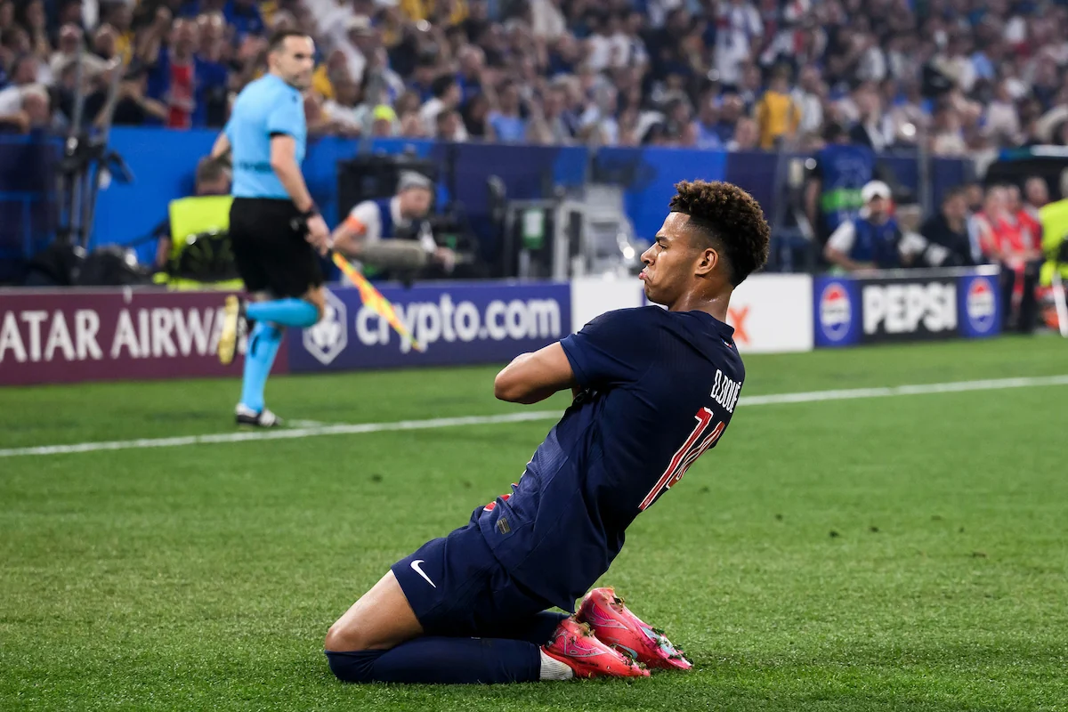 Desire Doue of Paris Saint-Germain celebrates after scoring a goal during the UEFA Champions League final football match between Paris Saint-Germain FC and FC Internazionale.