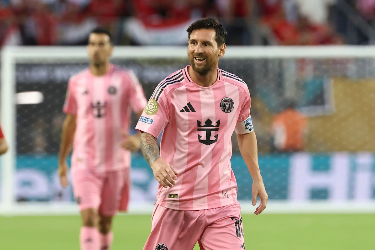 Inter Miami forward Lionel Messi (10) smiles at a teammate during the match between Al Ahly FC and Inter Miami CF on Saturday, June 14, 2025 at Hard Rock Stadium in Miami Gardens, FL.