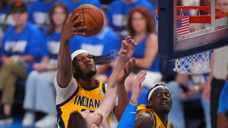 Myles Turner playing for the Indiana Pacers in the NBA Finals.
