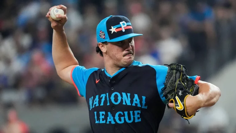 Paul Skenes pitching during the 2024 MLB All-Star Game.