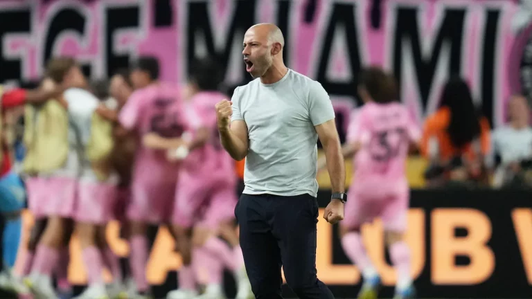 Javier Mascherano celebrating during Inter Miami's Club World Cup game against Palmeiras.