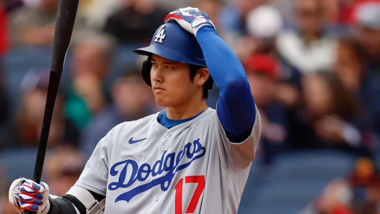 Shohei Ohtani stepping up to bat for the Los Angeles Dodgers.